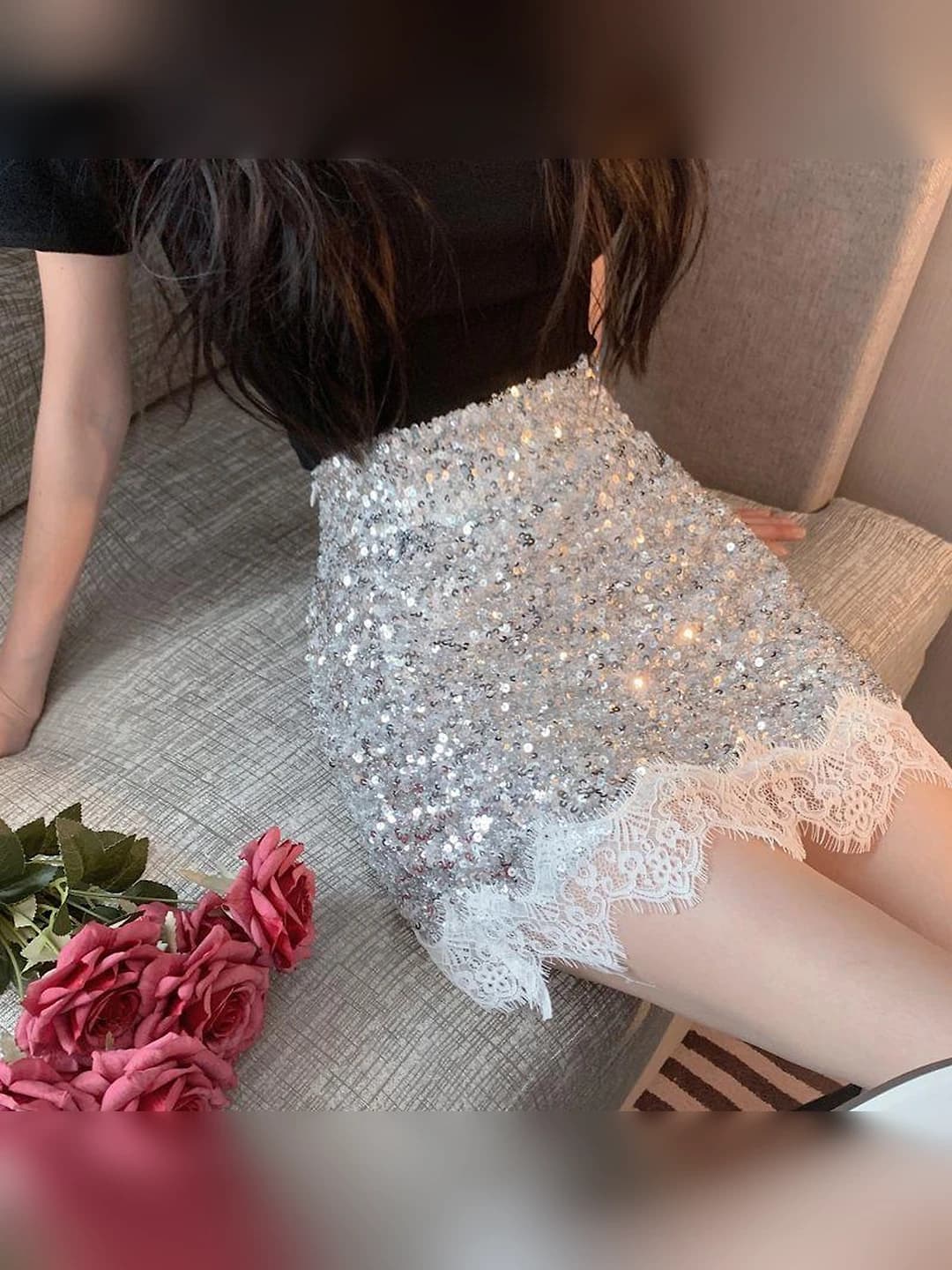 Women's A-line sequin lace skirt, slimming, spring-summer