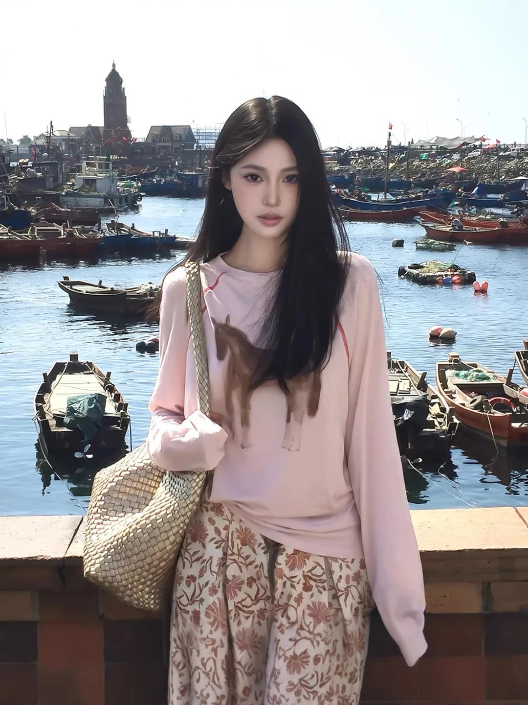 Women's Korean style pink printed pony long sleeve crew neck loose fit casual longsleeve