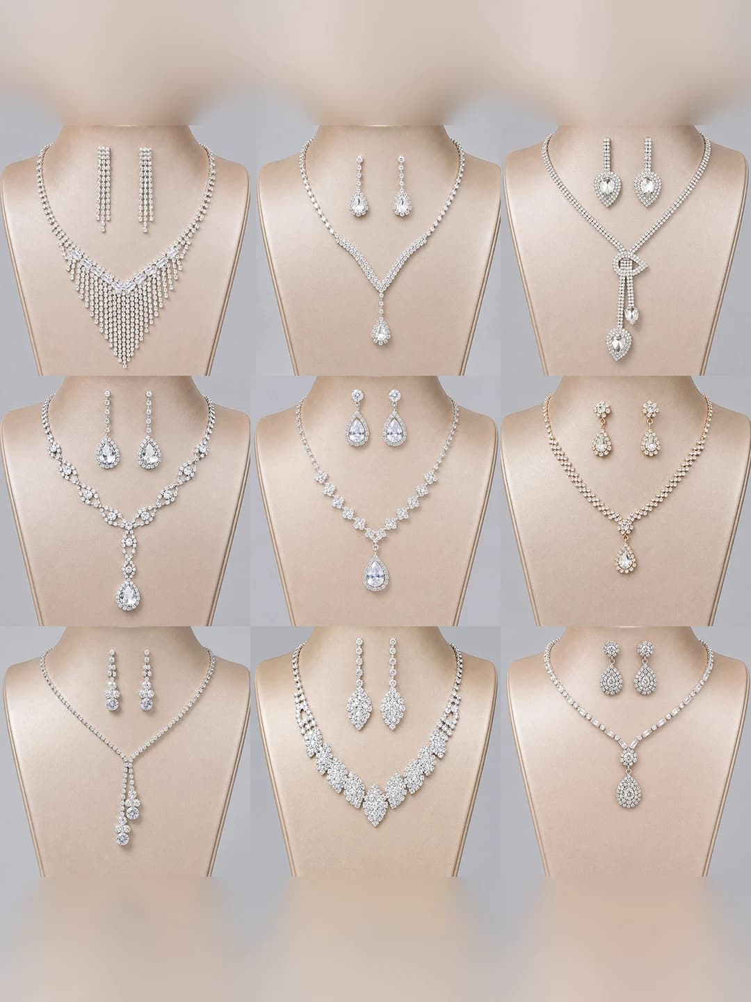 Women's jewelry set with crystals and rhinestones: original design, heart, teardrop and bell patterns, copper base, standard chain, necklace and earrings set