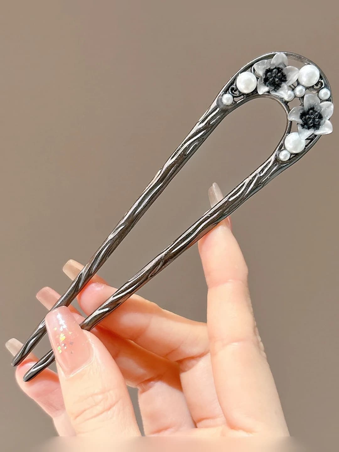 3# Black flower U-shaped hair pin ~12.5 cm