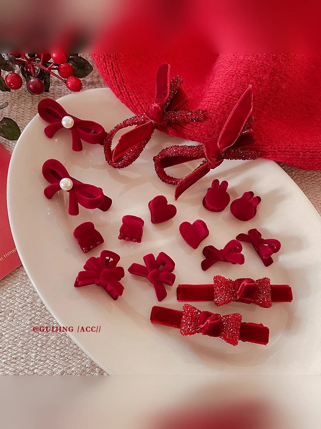 Women's velvet bow hair clips, small size, for New Year