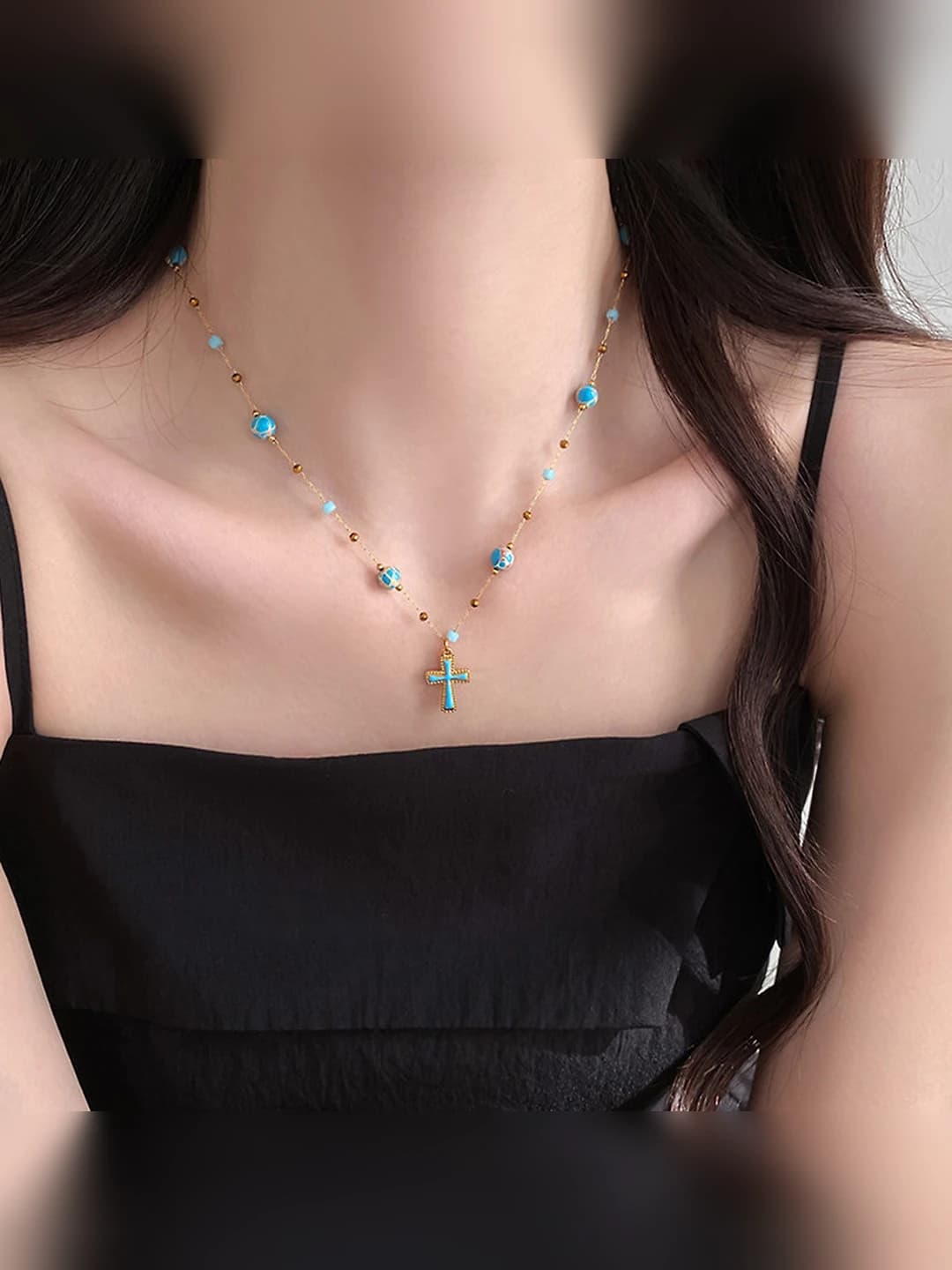 Women's light luxury stone and copper cross pendant clavicle chain