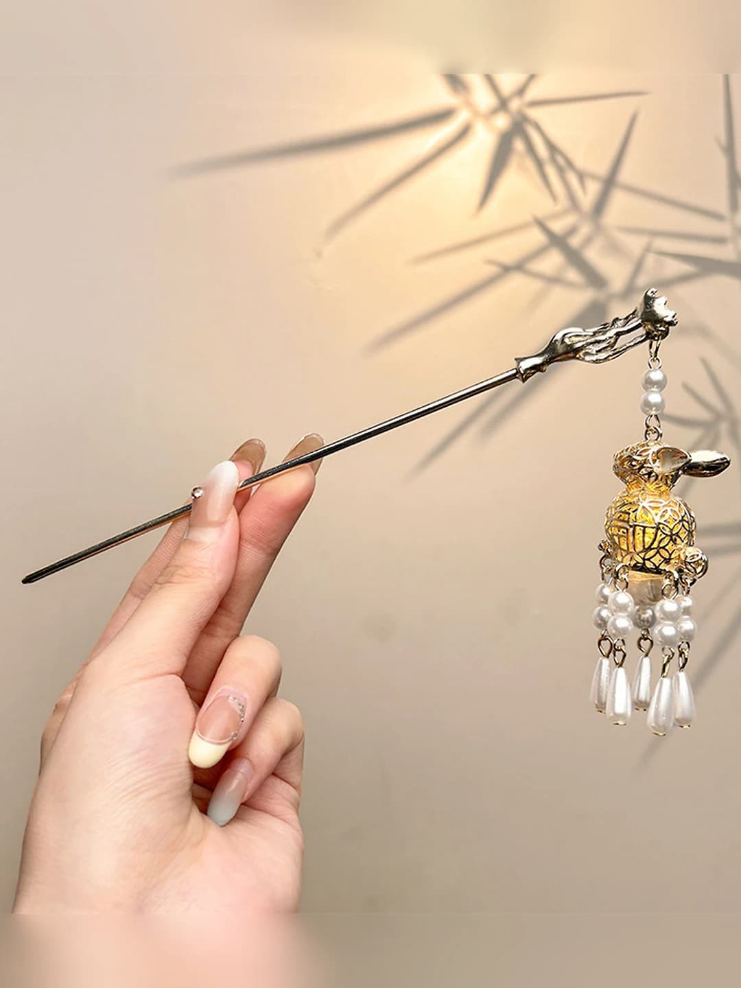 38# Gold jade rabbit hairpin [White] with light, 17.3 cm