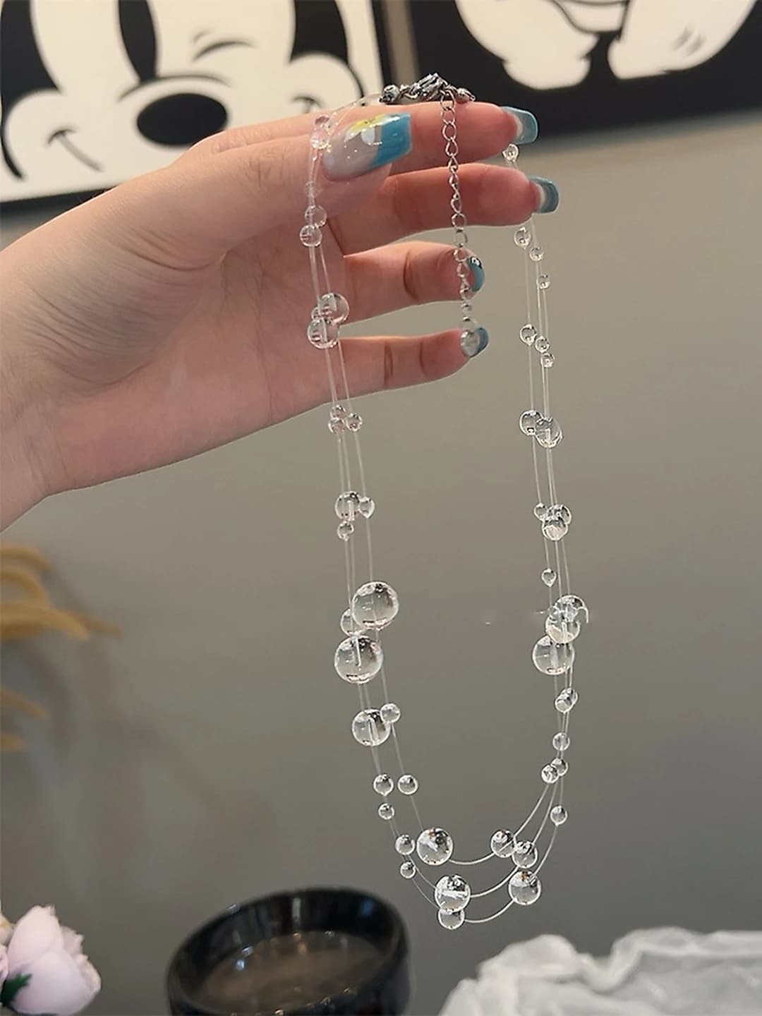 Women's transparent geometric glass bead multi-layer necklace