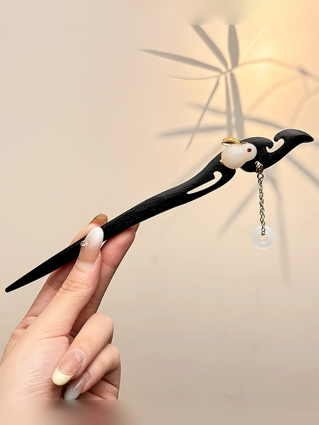 48# White jade open circle rabbit hairpin