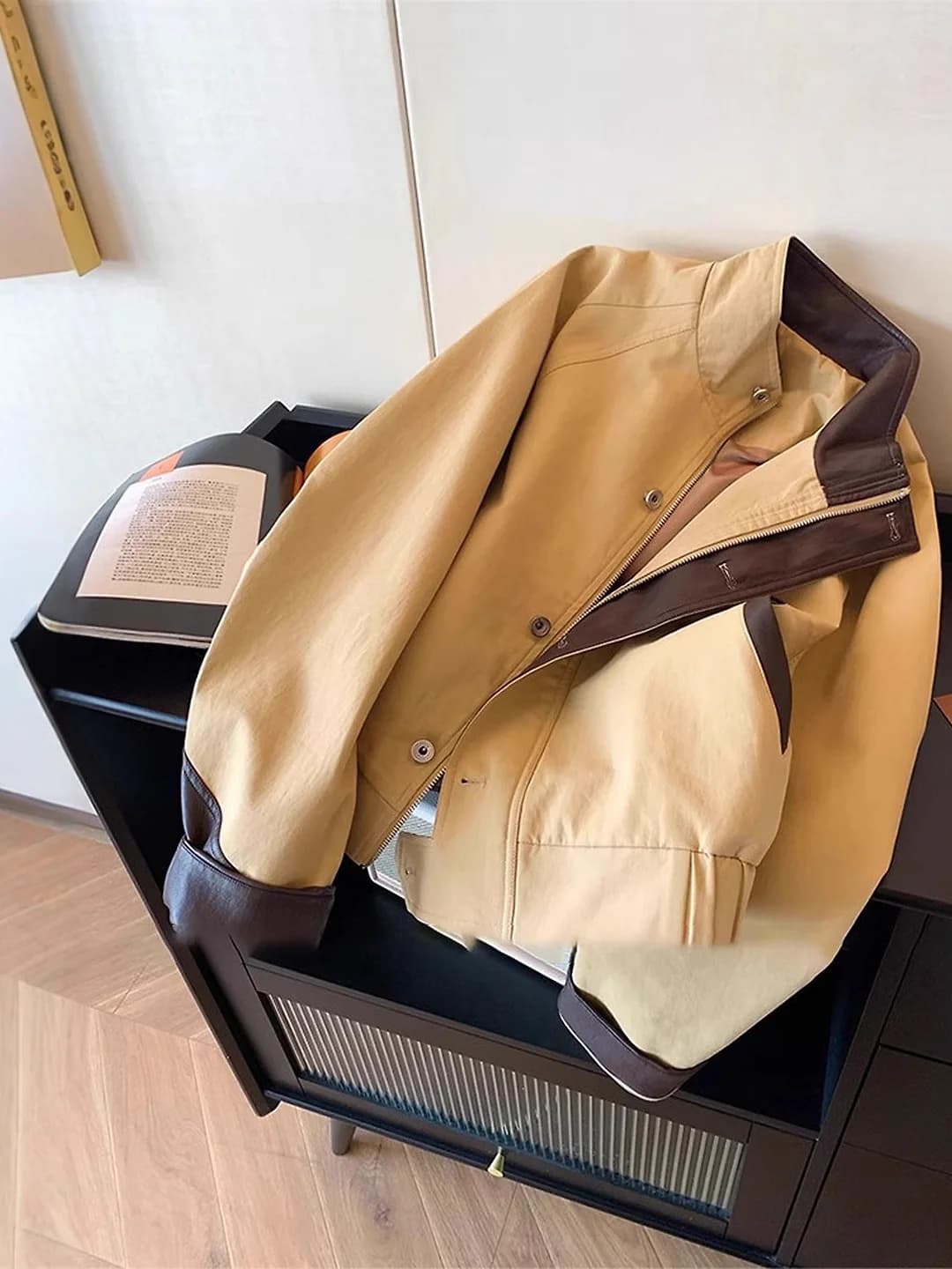 Women's short autumn jacket, stand collar, solid colour, loose fit, long sleeve, slimming, craft: patchwork