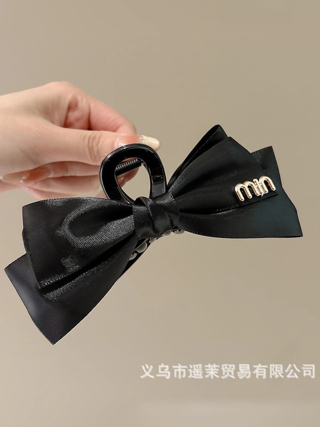 1# Black satin bow clip, 12 cm, bow ~12.5 cm