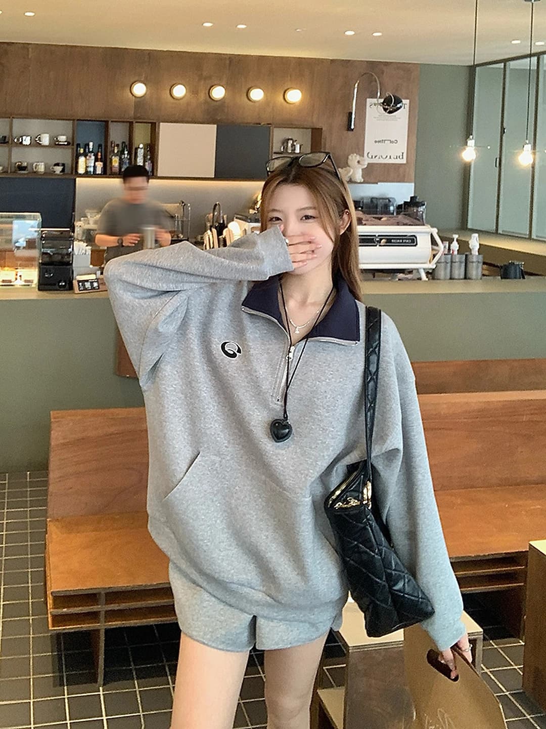 Women's grey half-zip polo-collar sweatshirt, spring-autumn 2026, loose fit, long sleeve, casual style