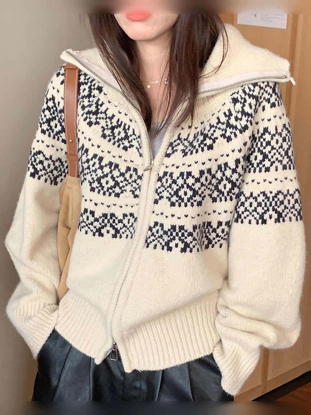 Ayollar uchun fermuarli Fair Isle trikotaj kardigan, kuz-qish, retro, bo'sh (oversize) kesim, uzun yeng