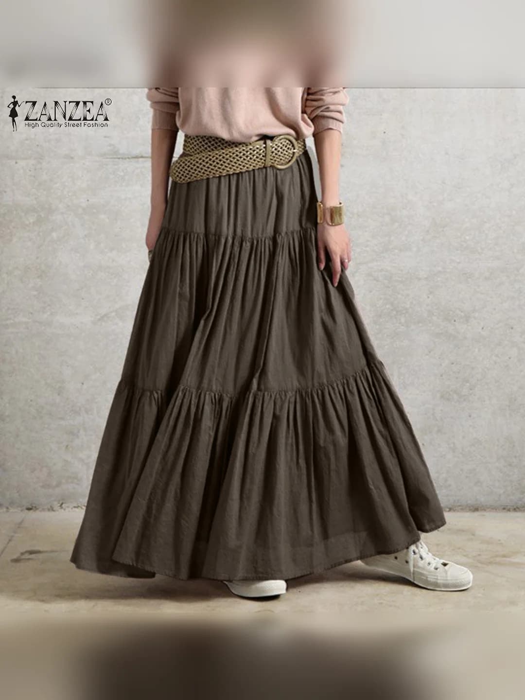 Ayollar uchun yozgi paxta-mato bir rangli, bo'sh (oversize) va uzun A-line qatlamli yubka