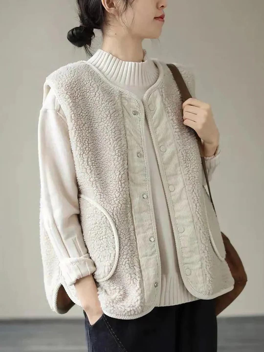 Women's plus size loose fit retro warm sleeveless vest with POLO collar autumn-winter 2026
