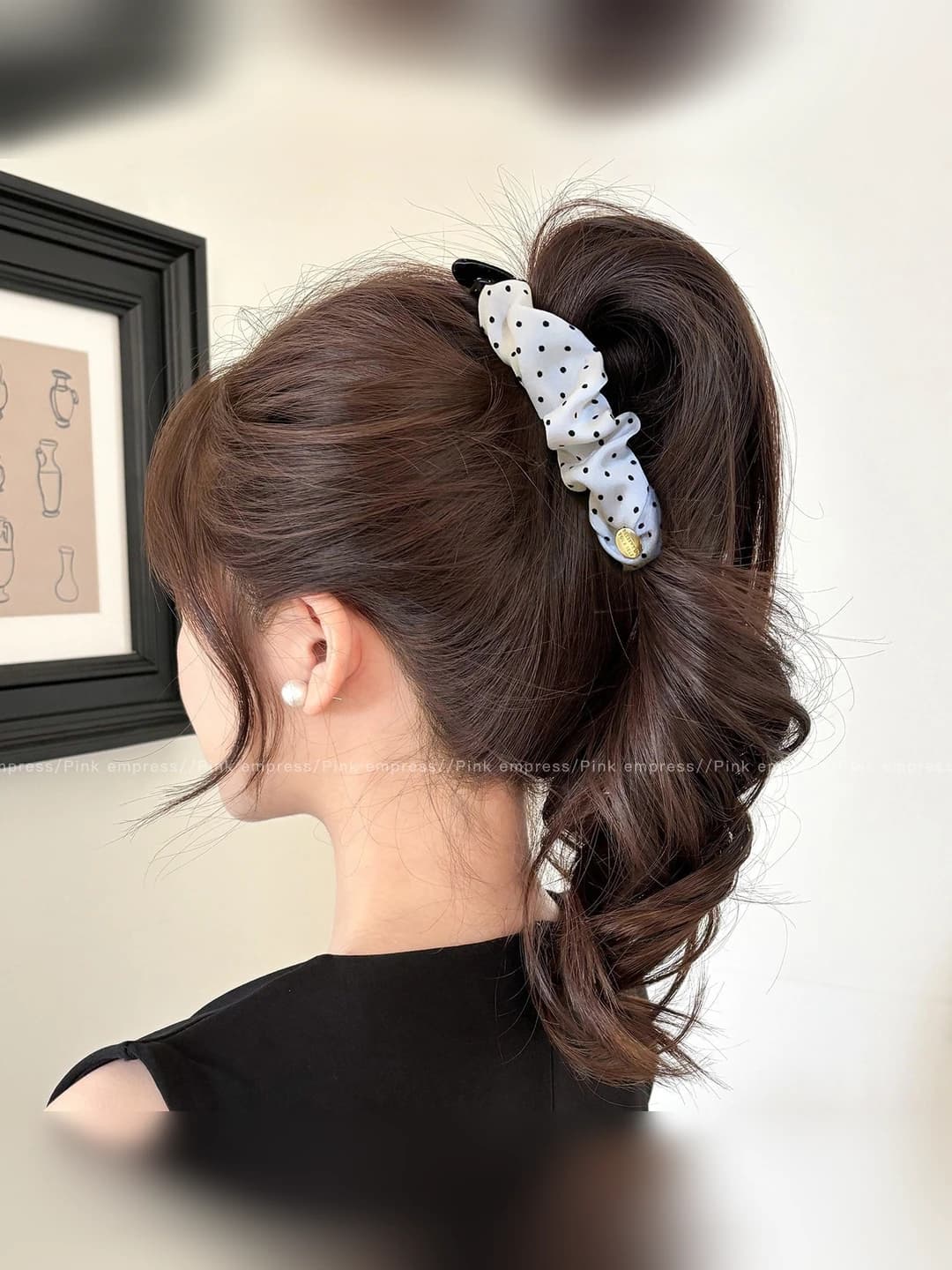 2# White polka dot banana clip ~13 cm