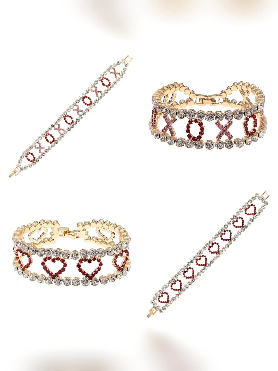 Women's double-layer rhinestone bracelet, red heart and XOXO design element, metal