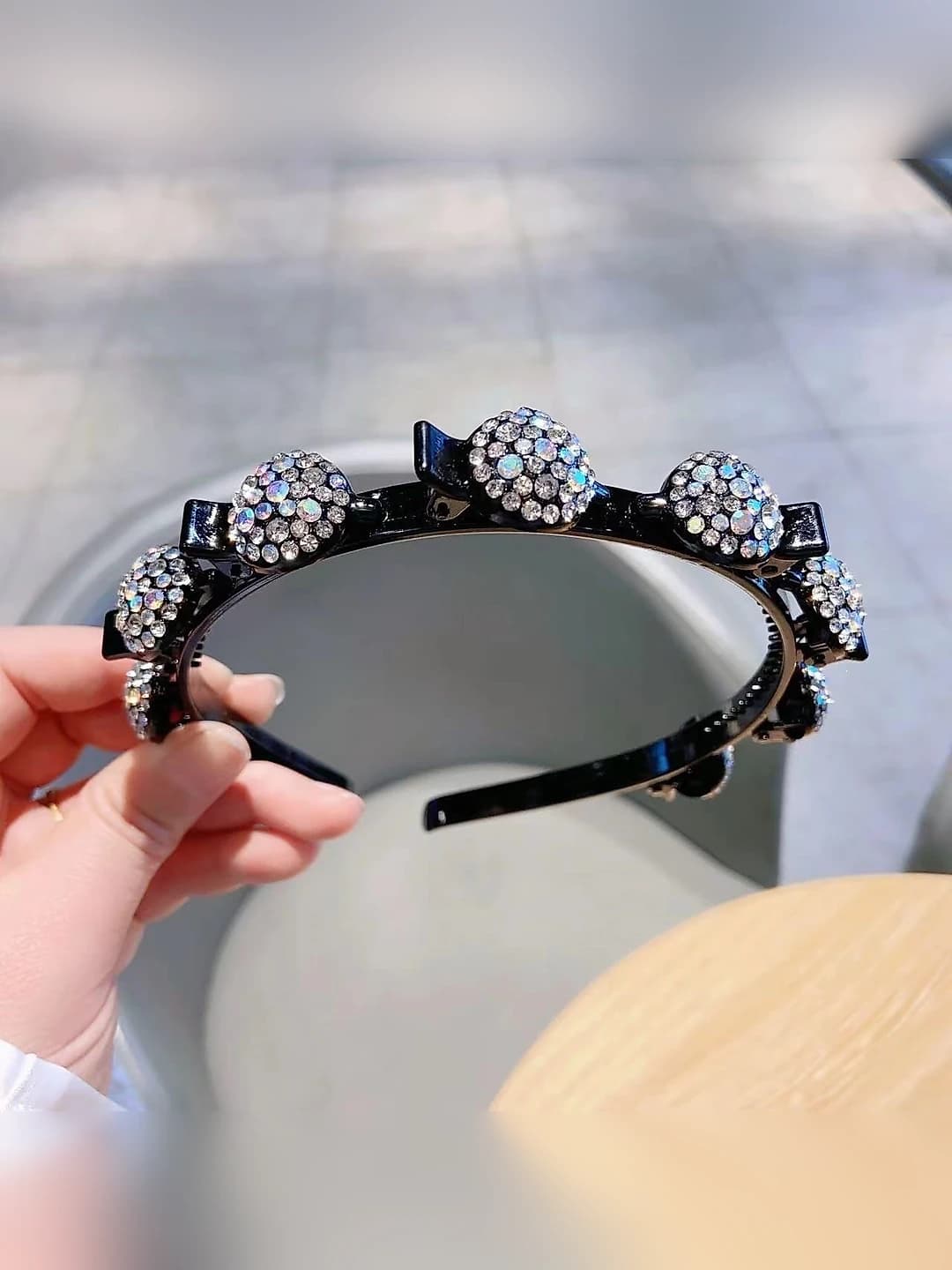 White headband, acrylic and rhinestones