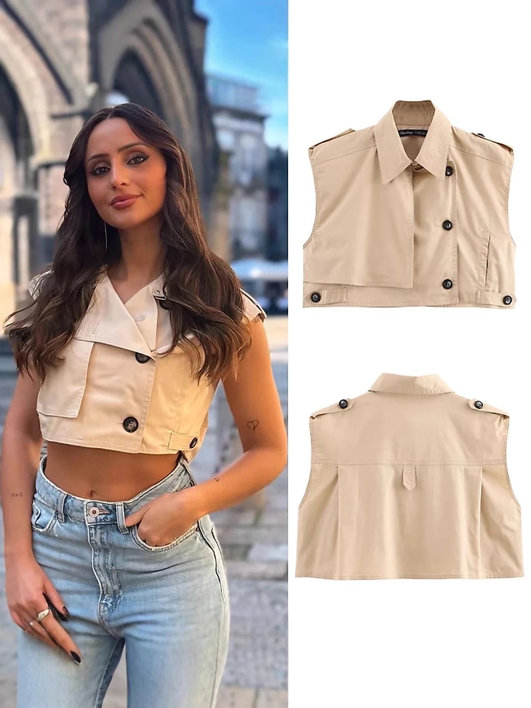 Women's spring-summer Korean style vest, solid colour, cropped, lapel collar, button closure, irregular fit, polyester fabric