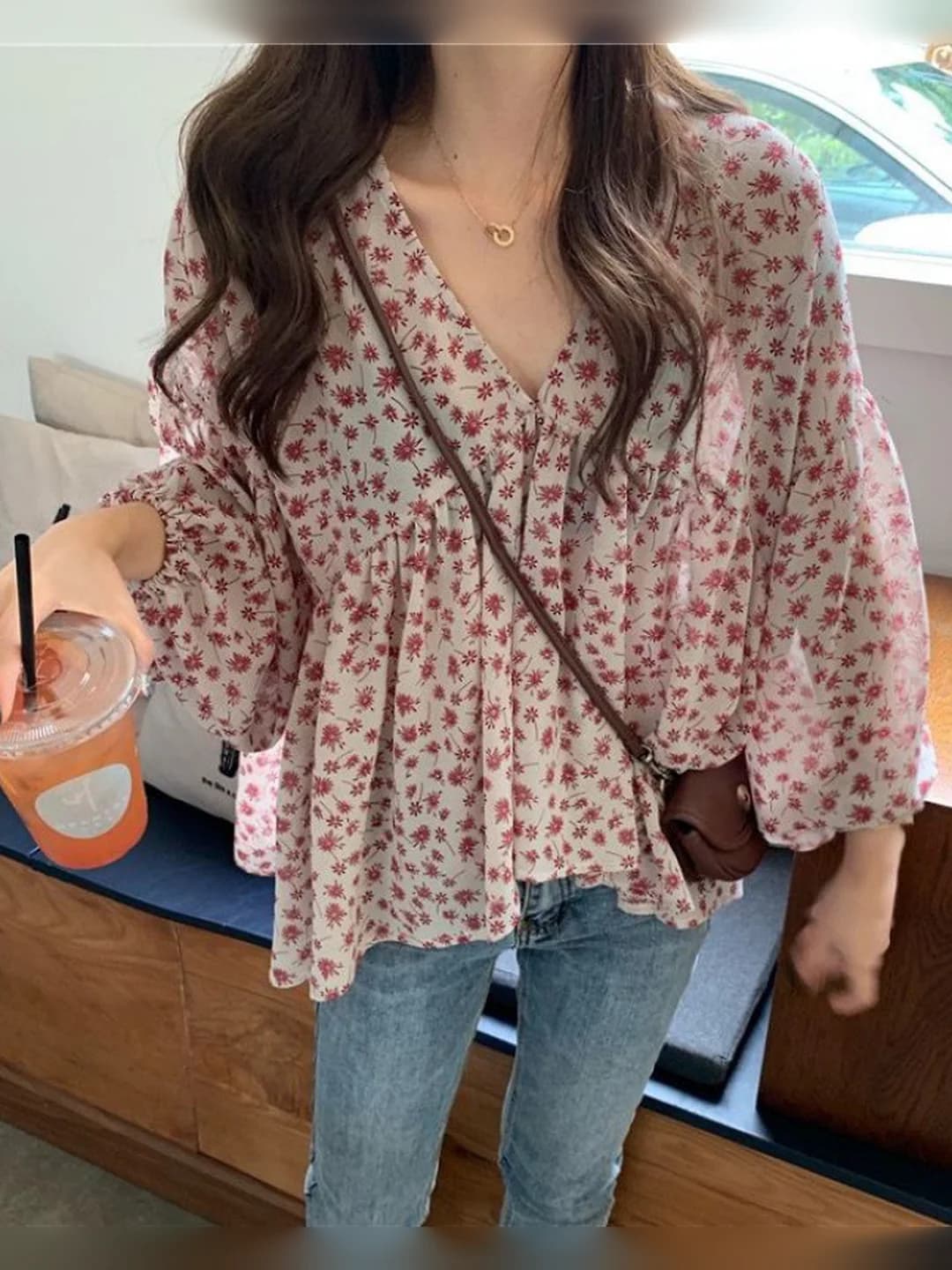 Women's Korean style loose fit slimming retro printed long sleeve V-neck chiffon blouse