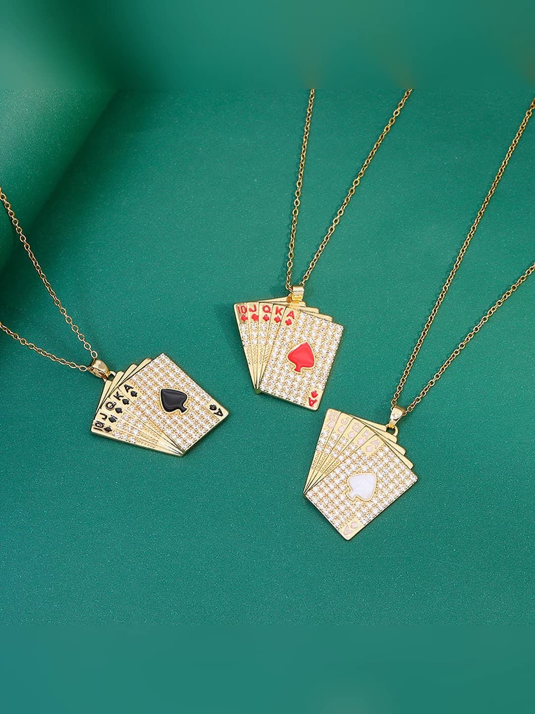 Women's long playing-card pendant necklace, Korean style, copper and zircon, gold plated
