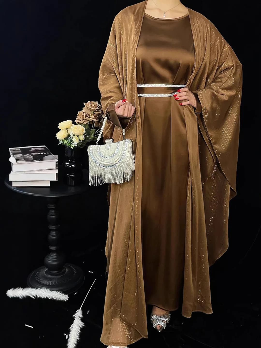 Women's Muslim abaya dress set: gold thread, shiny outer skirt, polyester, long sleeve, long skirt