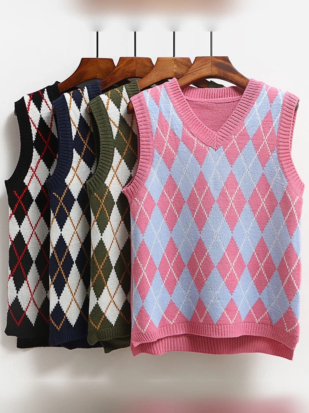 Women's spring-autumn checked sleeveless loose fit preppy style sweater vest