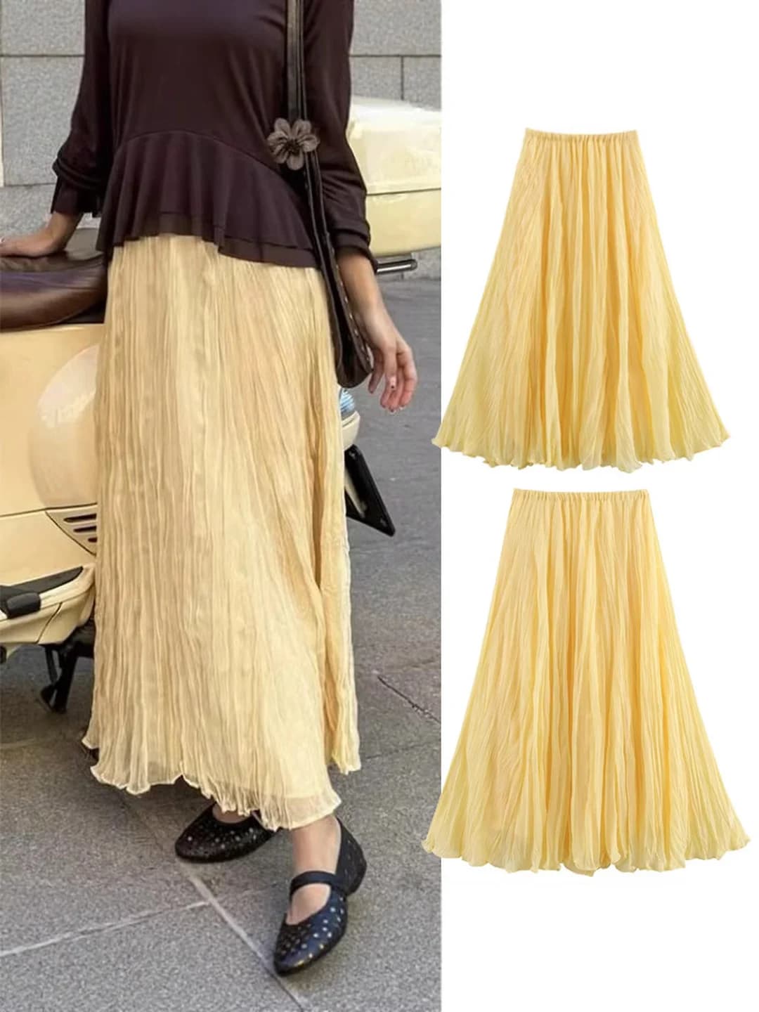 Ayollar uchun elastik belga ega, qat-qat burma solingan uzun yubka, bir rangli, polyester, bahor-yoz, kundalik