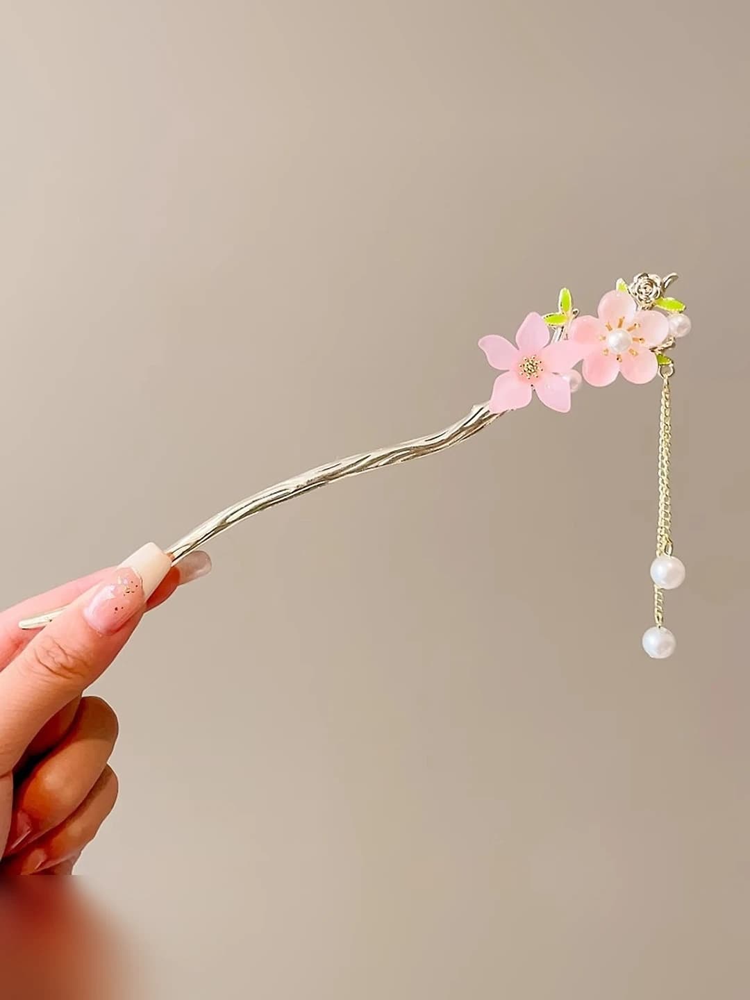 1# Pink peach blossom hairpin