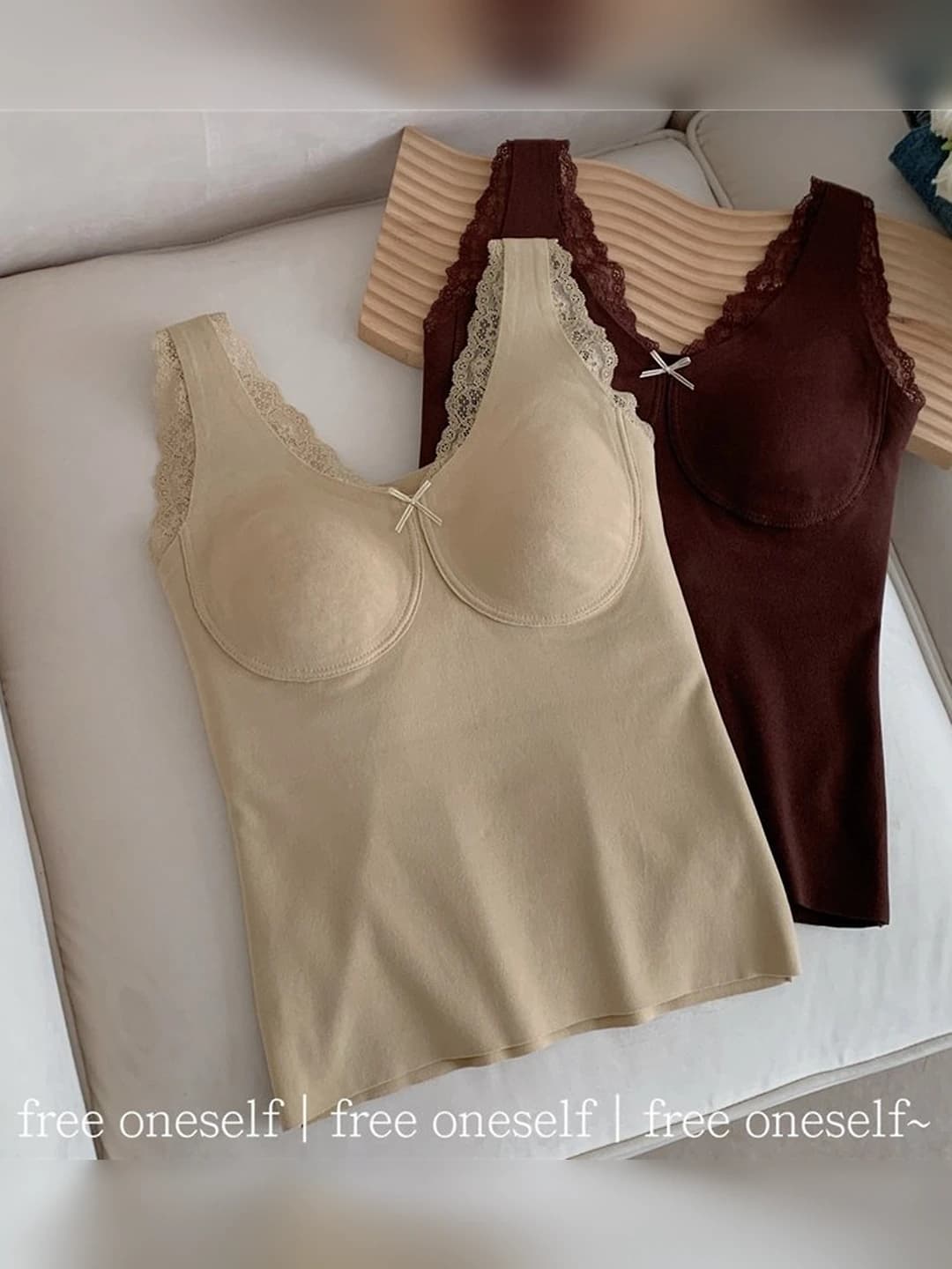 Women's autumn-winter warm V-neck cashmere lace tank top with built-in bra