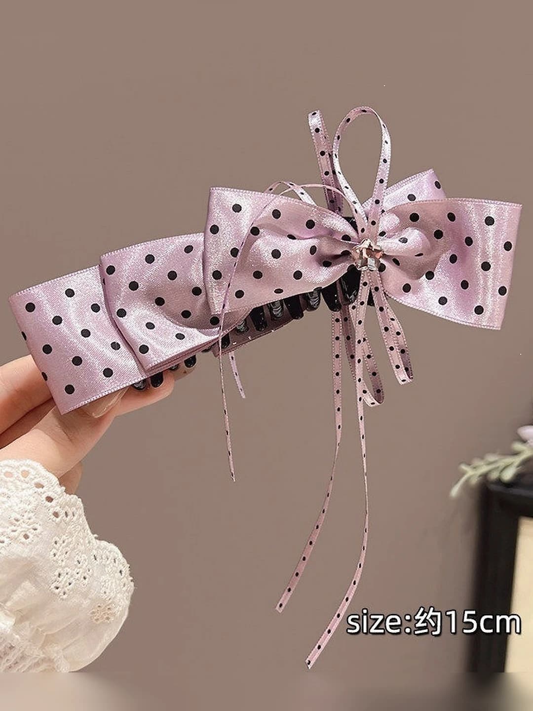 Purple polka dot banana clip ~13 cm, bow ~16 cm
