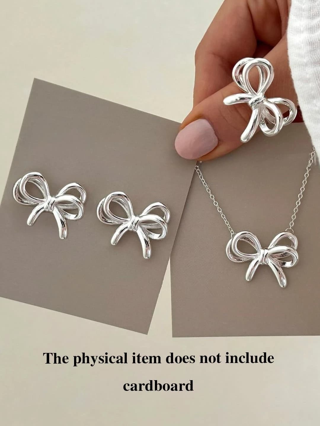 Women's metal 3D bow earring set: Chanel style, fresh and sweet, hoop earrings, ring and necklace