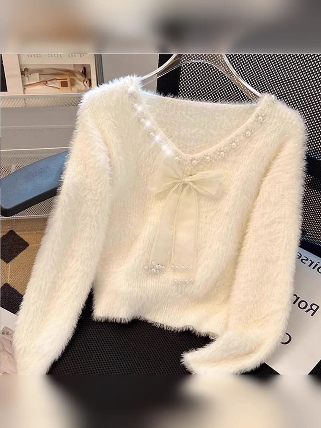 Women's V-neck sweater, spring-autumn, 2026, loose fit, long sleeve, thick, viscose fabric