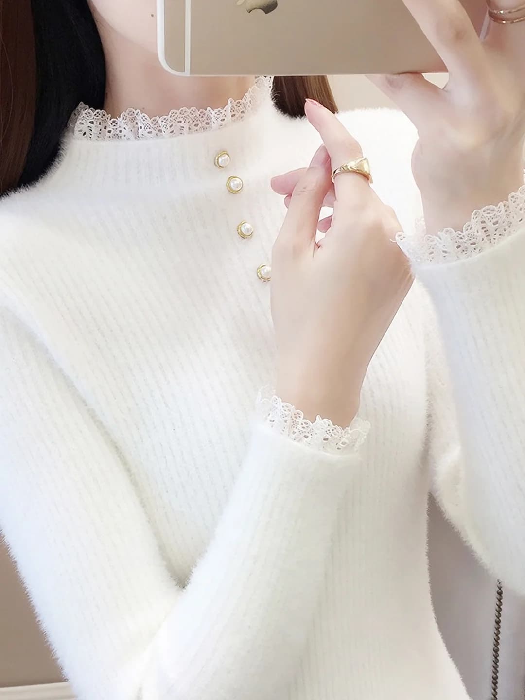 Women's fleece-lined, thickened, loose fit sweater, high neck, long sleeve, autumn-winter