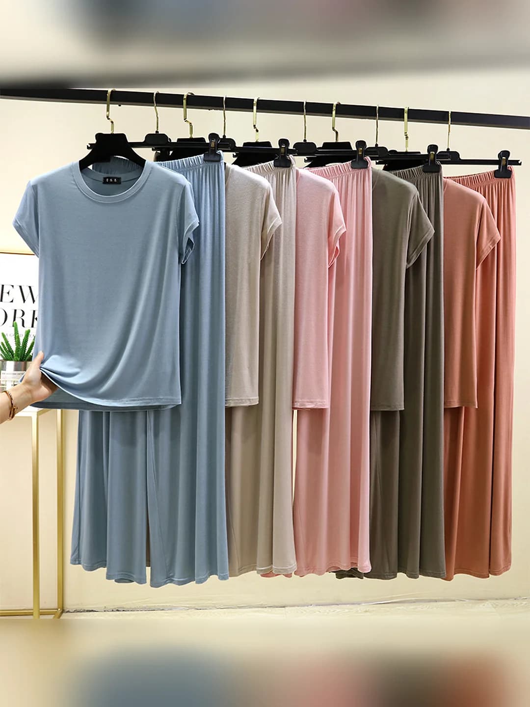 Women's summer thin modal loungewear set: t-shirt and wide-leg trousers