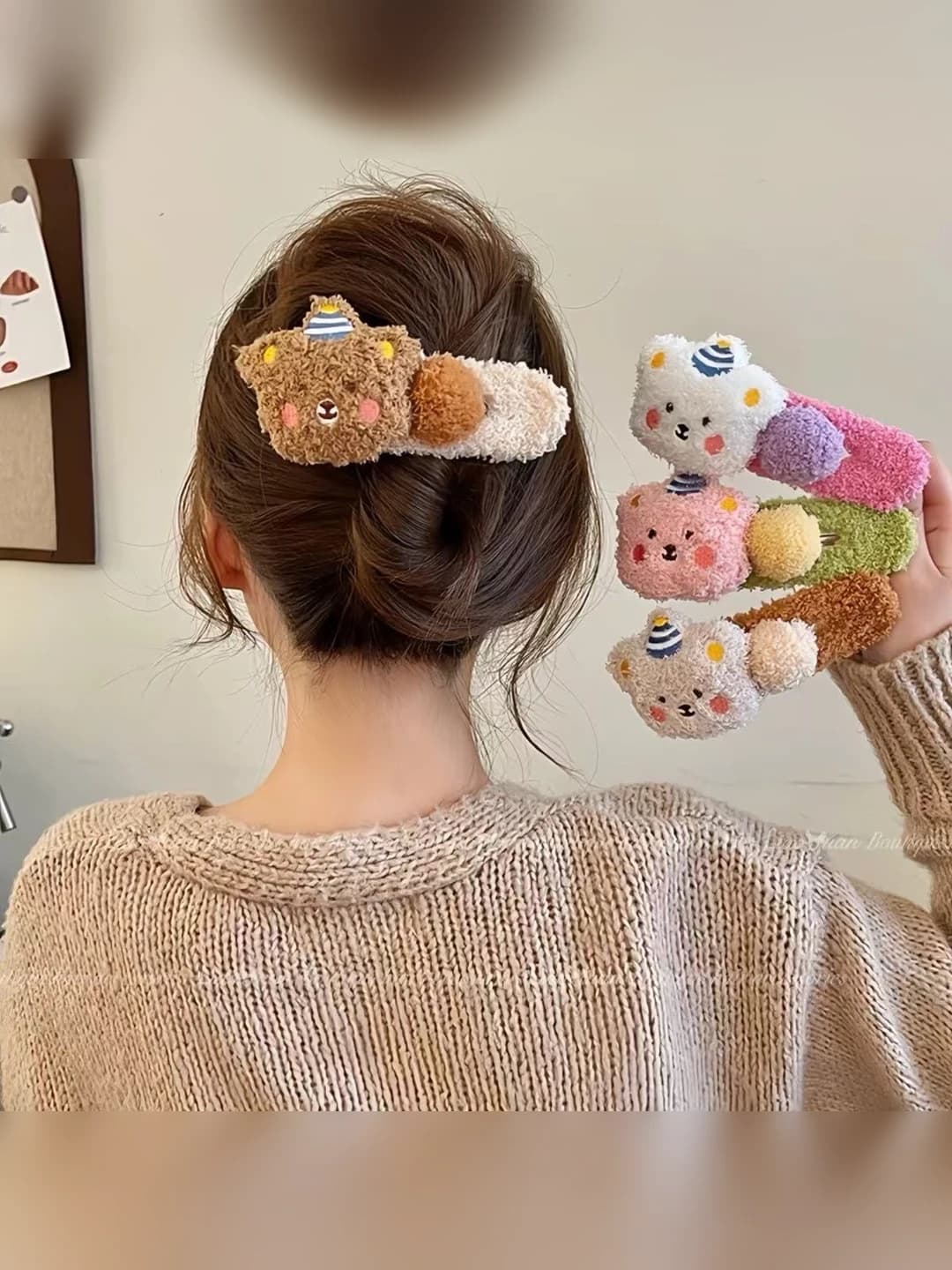 Women's hair clips and combs: Casual style large plush pudding bear hair clip, handmade
