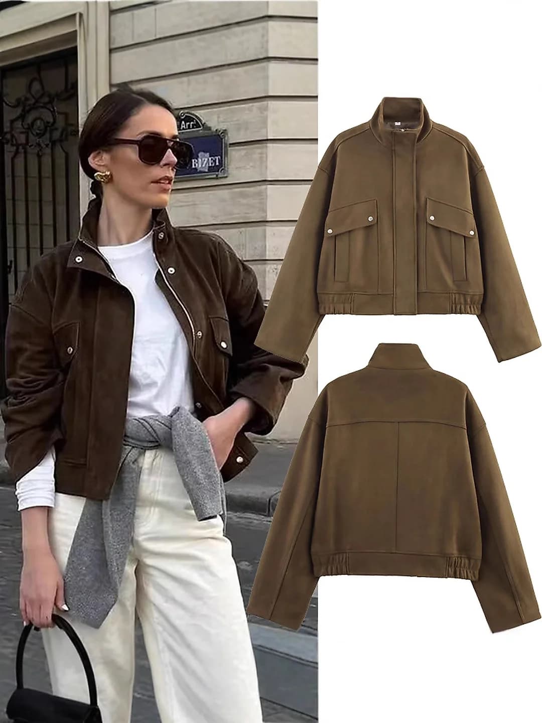 Women's spring-autumn stand collar loose fit zip solid colour polyester jacket