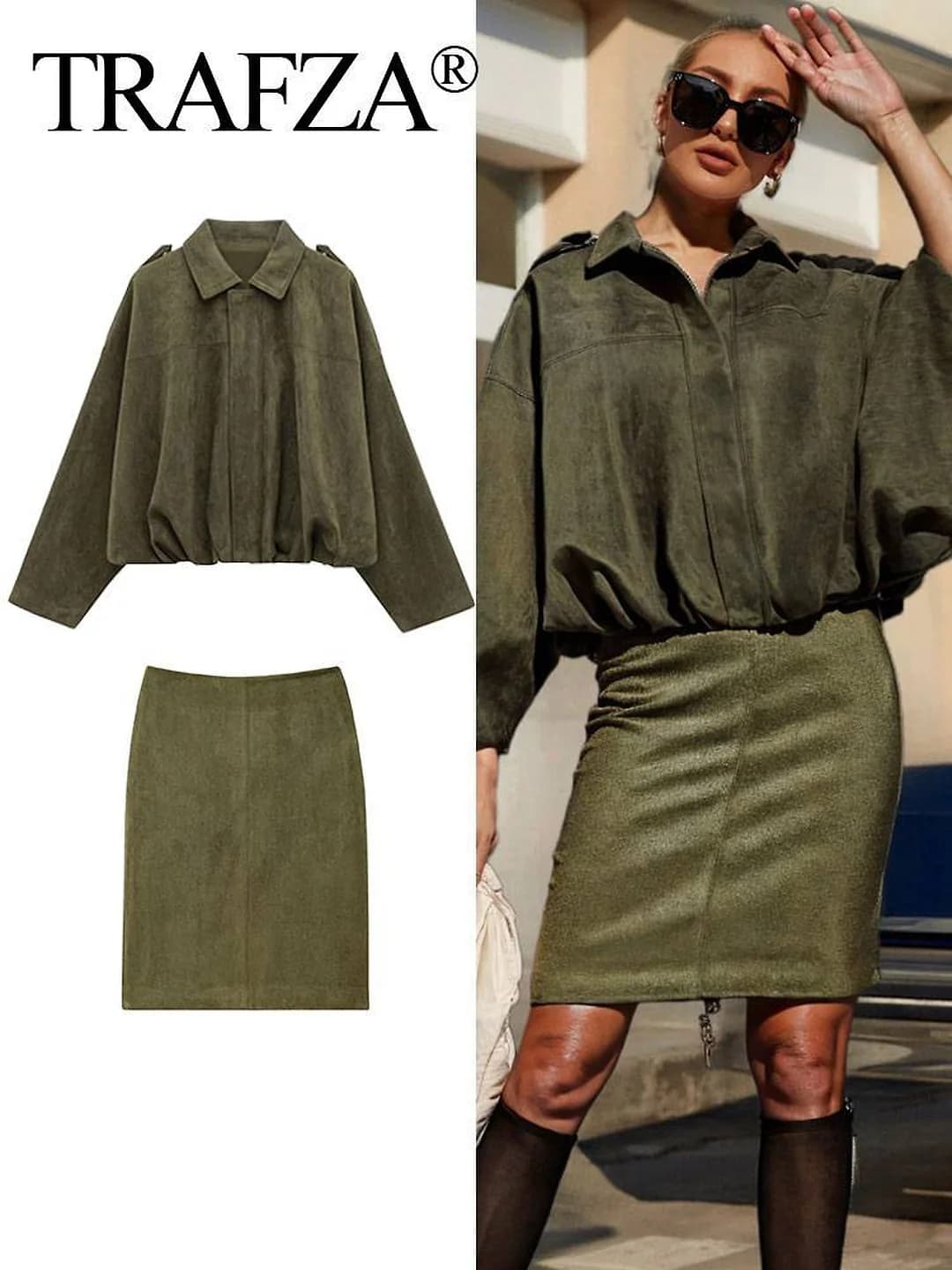 Women's casual set: jacket with lapel collar and knee-length shorts, long sleeve, zip, high-waisted, solid colour, all-season