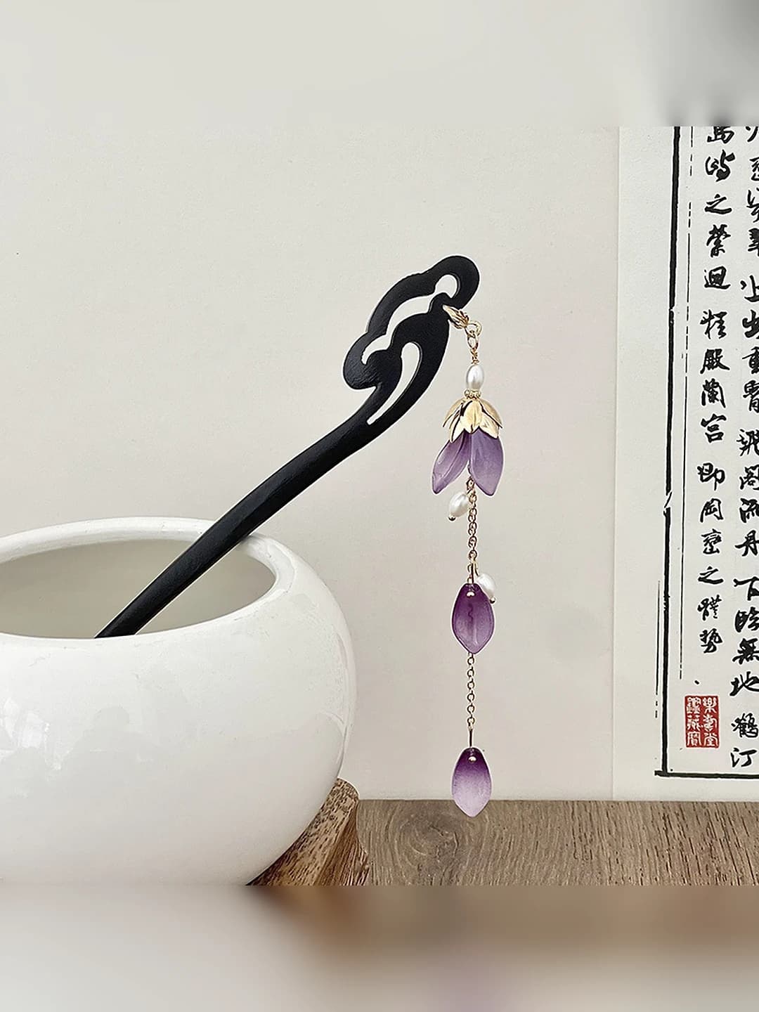 2# Purple flowers, pearl tassels hairpin (18 cm)