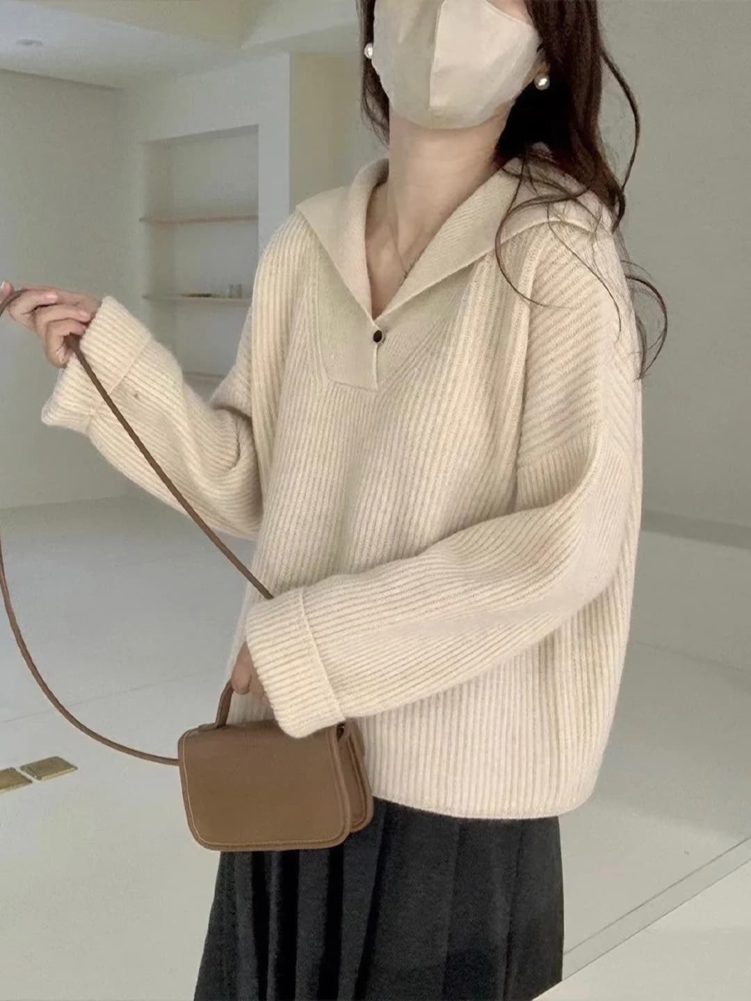 Women's 2026 spring-autumn knit pullover sweater, thick, loose fit, crew neck, long sleeve, viscose