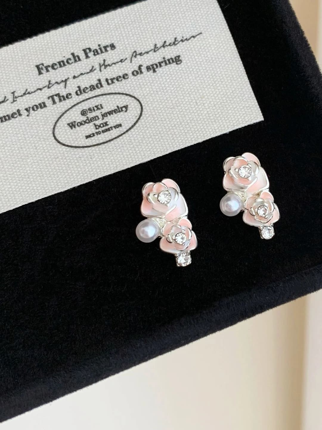 Women's pink camellia flower stud earrings, silver post, forest style, sweet and fresh design element