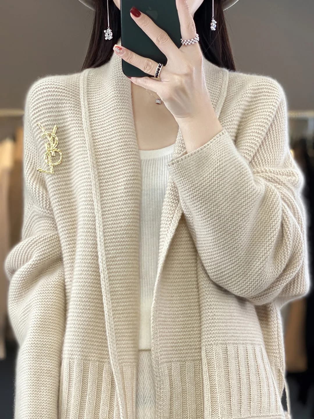 2026 women's mid-length cardigan with lapel collar, thickened, loose fit