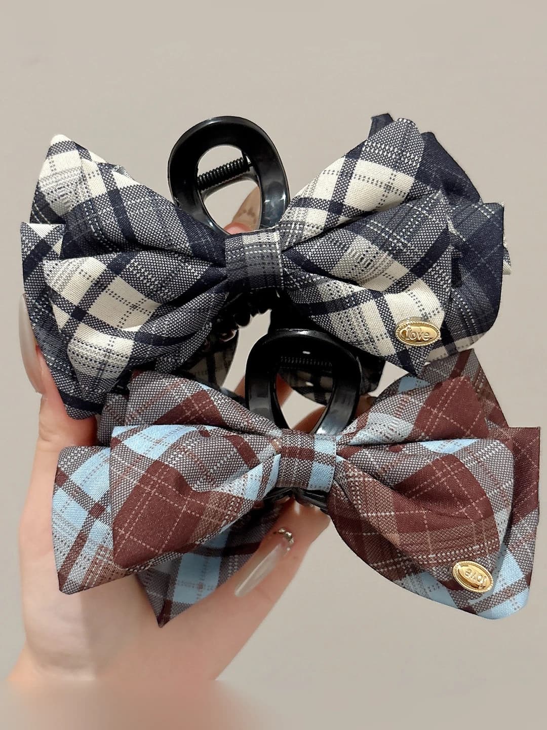 Women's fabric bow hair clip, checked, preppy style, 2026