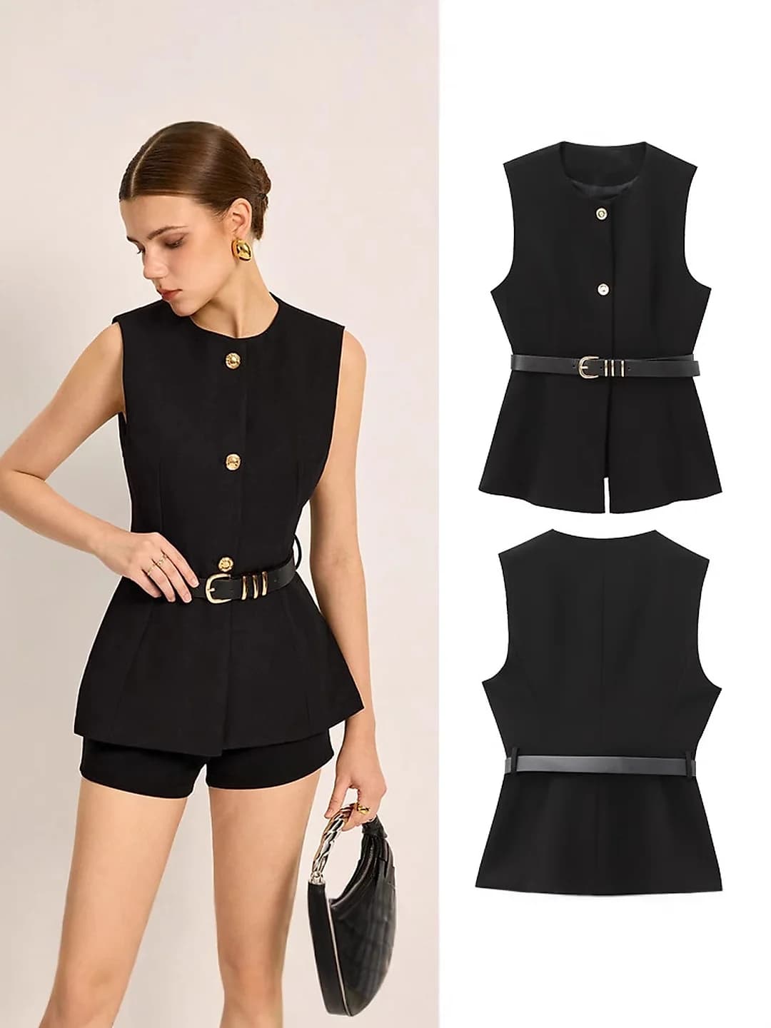 Women's sleeveless peplum top with belt, crew neck, slim fit, solid colour, all-season