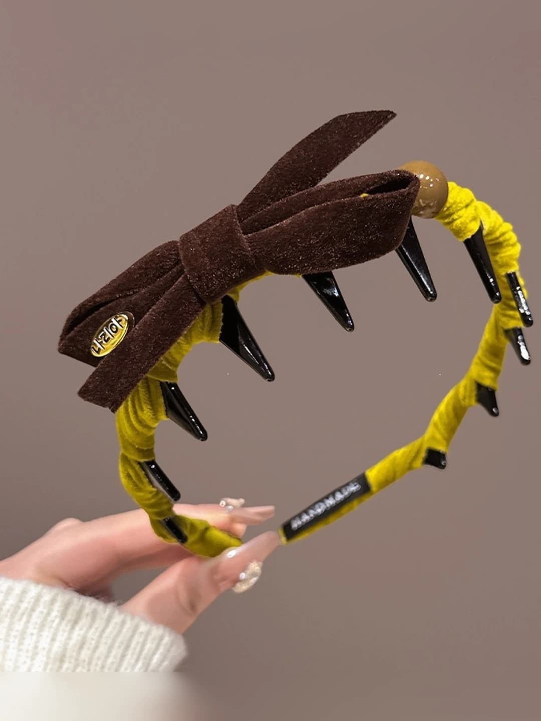 Flocked bow headband Yellow-coffee