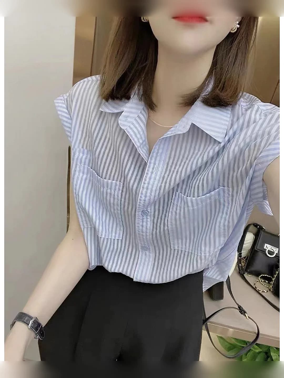 Ayollar uchun chiziqli kalta yengli ko'ylak-shirt, yozgi, havo o'tkazuvchan, tanaga yopishgan, POLO yoqa, old qismi yopilishi: yopishma