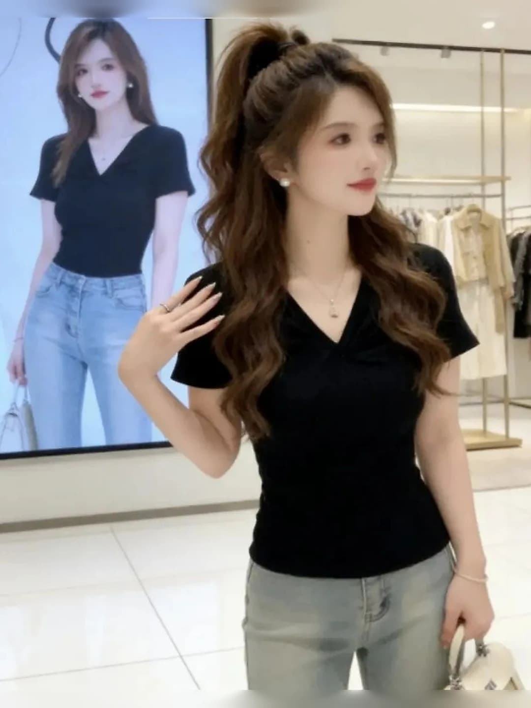 Women's white V-neck short sleeve t-shirt, slim fit, summer, Korean style