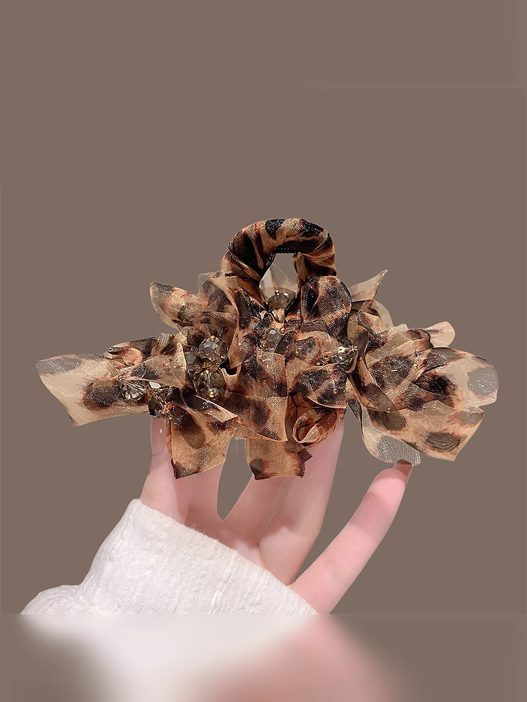 Women's 2026 crystal leopard print hair claw clip, coffee color, for thick hair, back of head