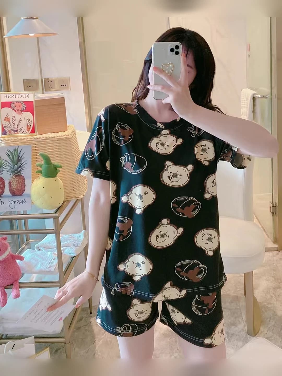 Women's summer pajama set, Korean style, short sleeve, crew neck, thin fabric, breathable, stretch, loungewear