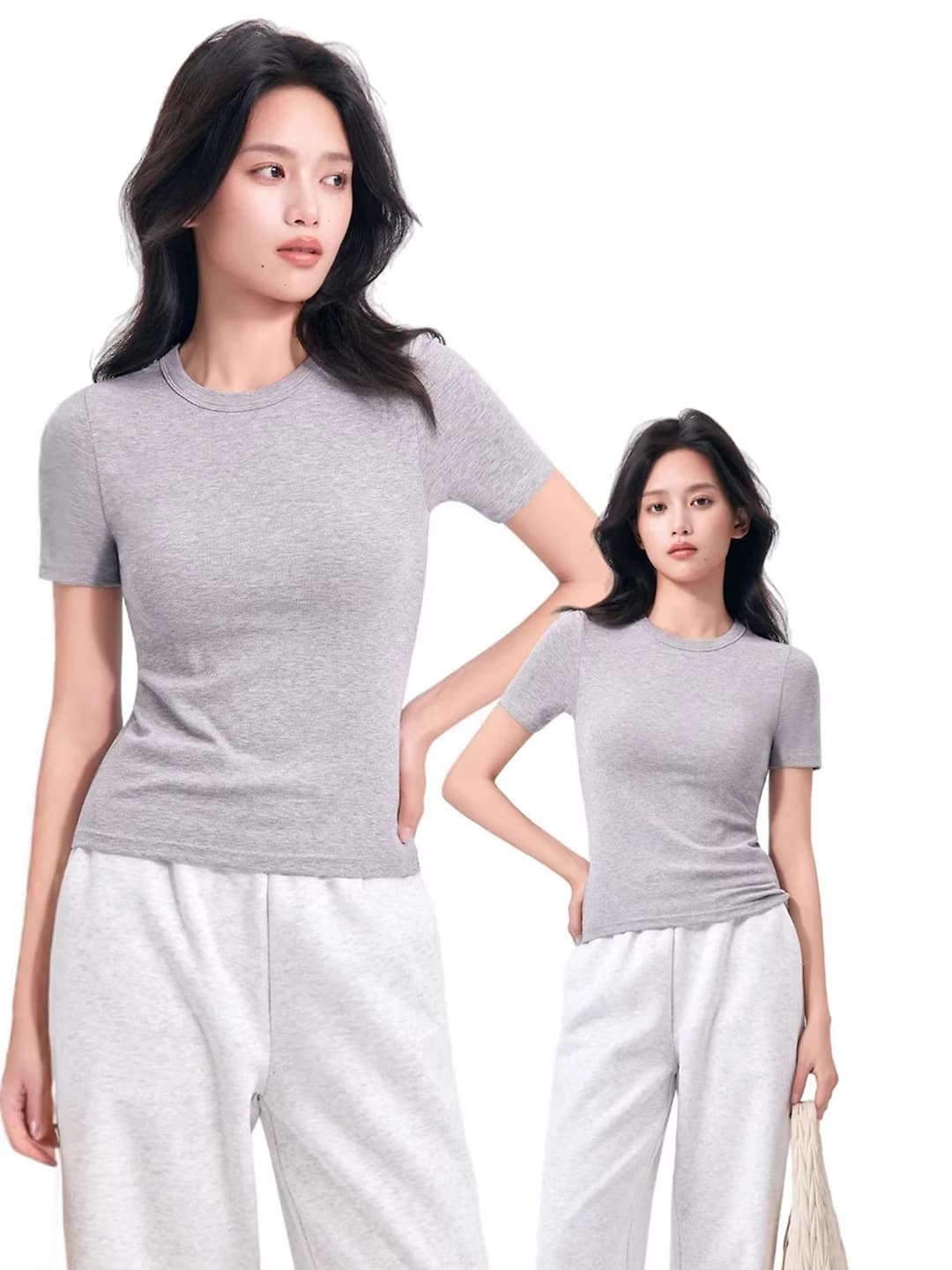 Women's summer short sleeve crew neck slim fit solid colour t-shirt with built-in bra cups, cotton and tencel blend