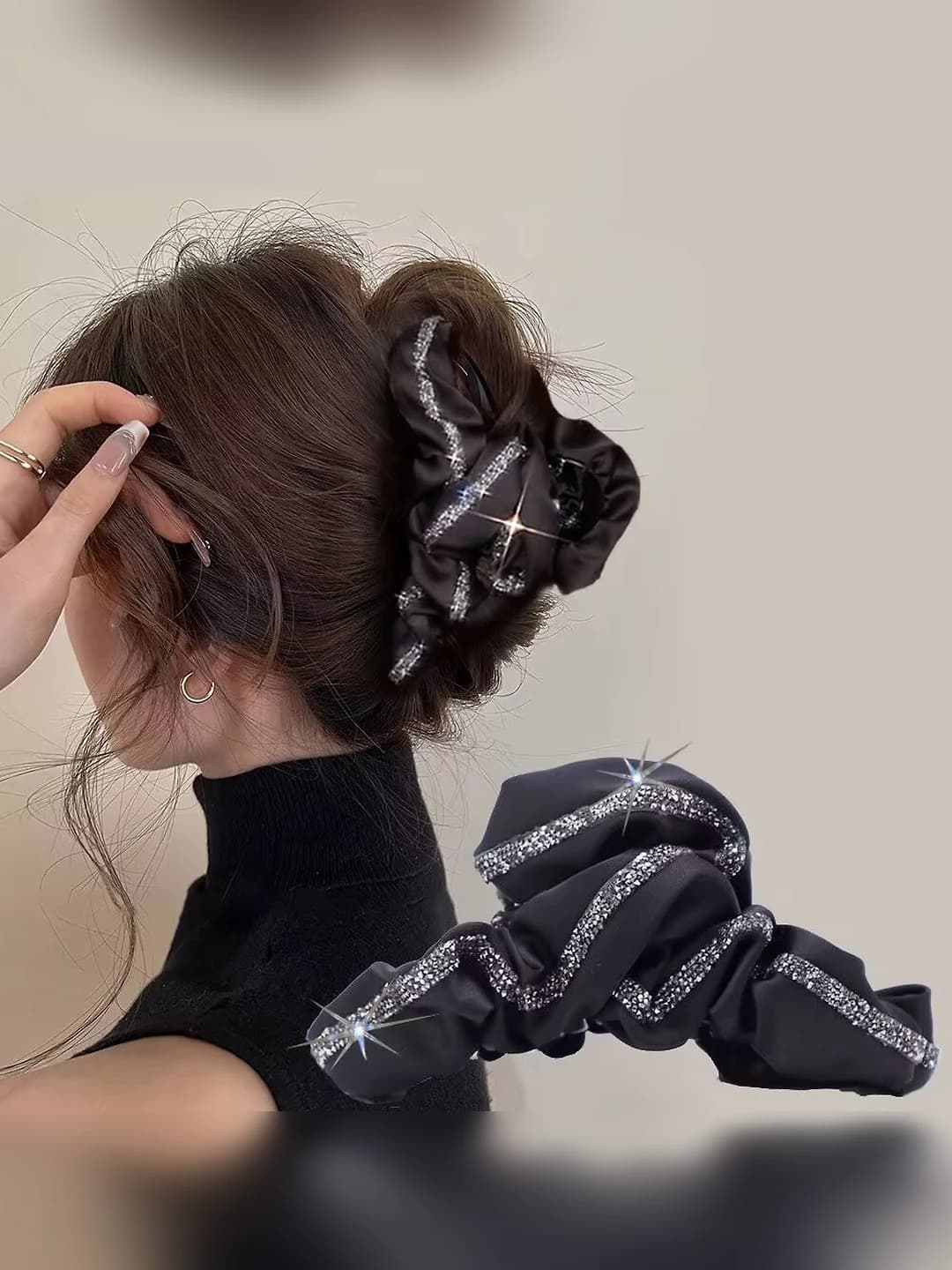 Women's hair clips and combs: large size, for bun, fabric, design element: rhinestones, pleated, style: light luxury, hair claw clip (shark clip)