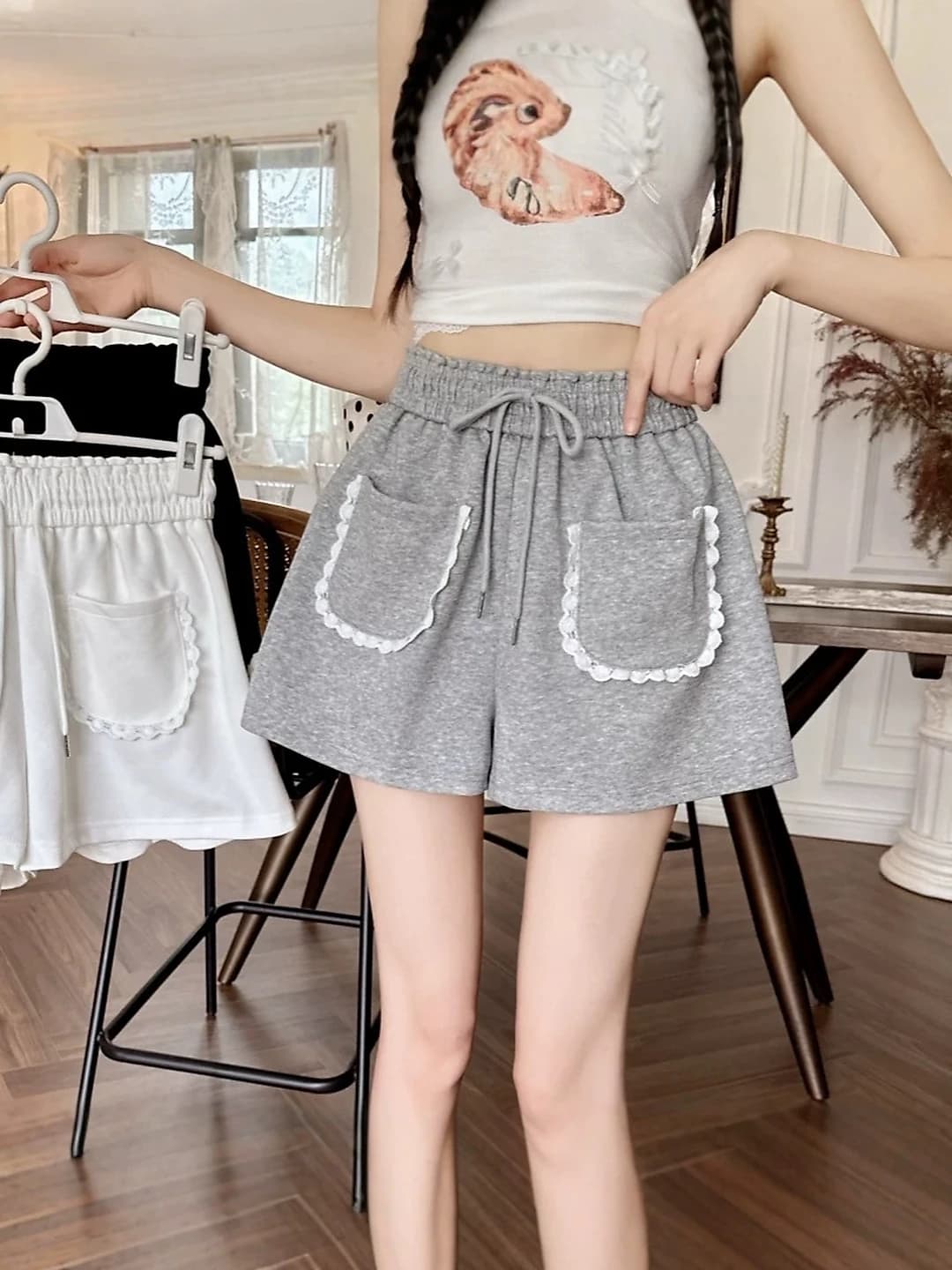 Women's summer casual shorts with lace trim, two pockets, high waist, slimming, loose fit