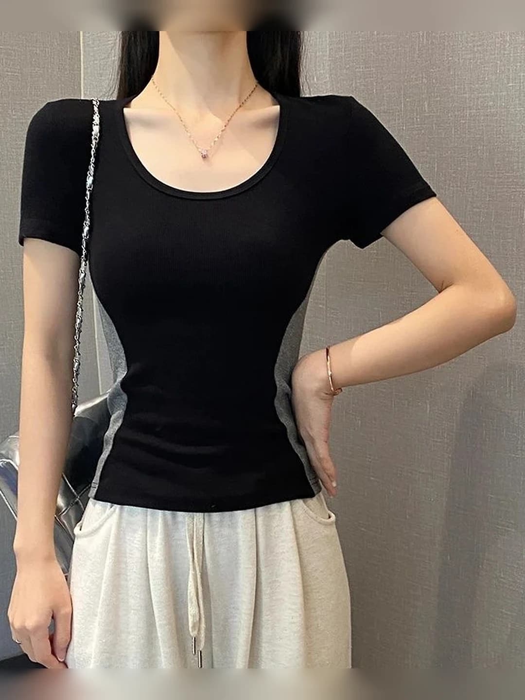 Women's 2026 summer grey U-neck short sleeve slim fit t-shirt