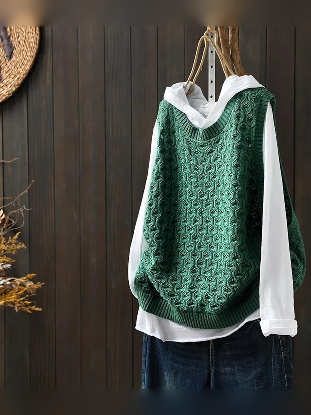 Women's crew neck solid colour loose fit knitted vest, autumn, casual style